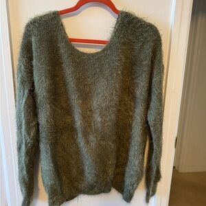Olive Green Off-the-Shoulder Sweater with Fuzzy Texture and Relaxed Fit